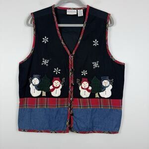 Vtg Basic Editions Christmas Sweater Vest Womens XL Snowmen Embroidered Sequin
